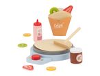 Wooden toy crêpe maker set with crêpe, fruit slices, sauce, and spread.