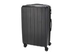 Dark grey hard-shell suitcase with vertical ridges, a top handle, and four spinner wheels.