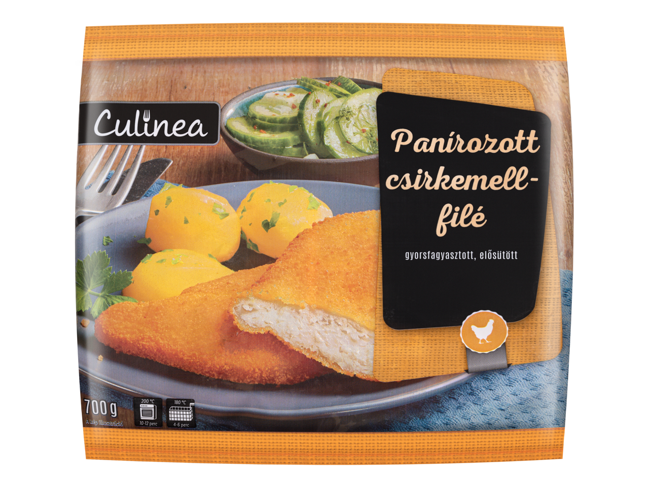 Culinea panírozott csirkemellfilé, burgonyával és uborkával.