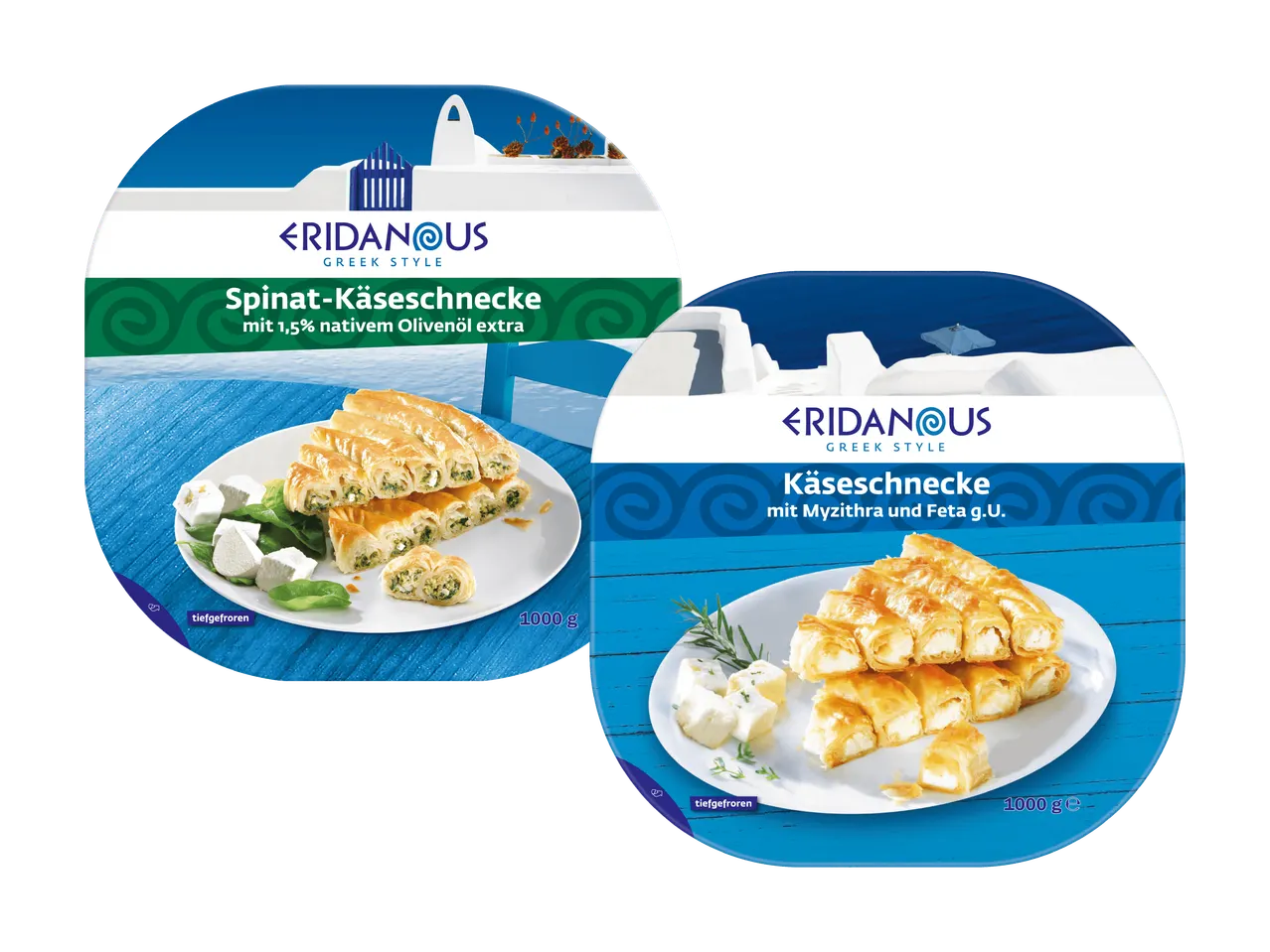 Zwei Packungen griechische Käseschnecken, eine mit Spinat und die andere mit Myzithra und Feta.