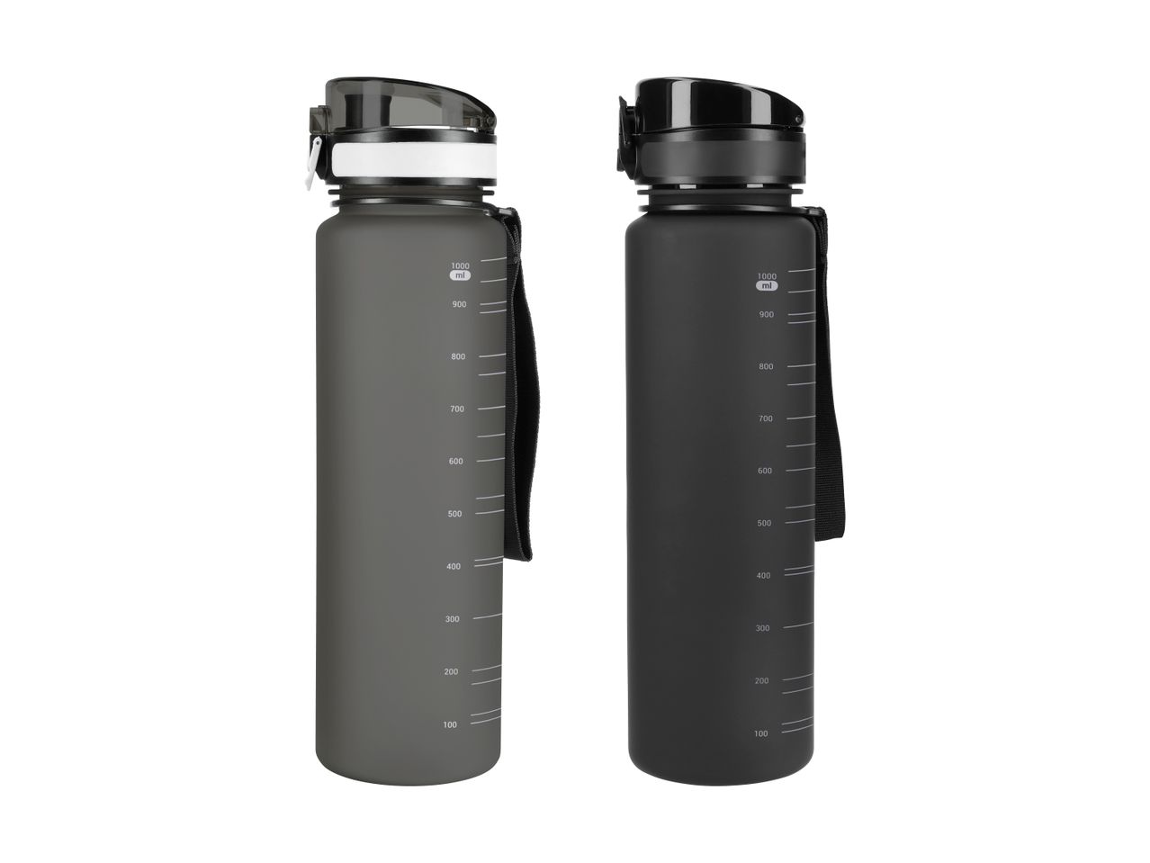 To mørke drikkeflasker med måleenheder fra 100 ml til 1000 ml.