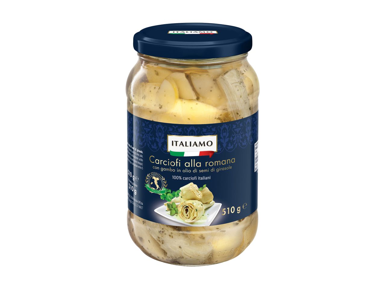 Vasetto di carciofi alla romana Italiamo, 510g, 100% italiani.