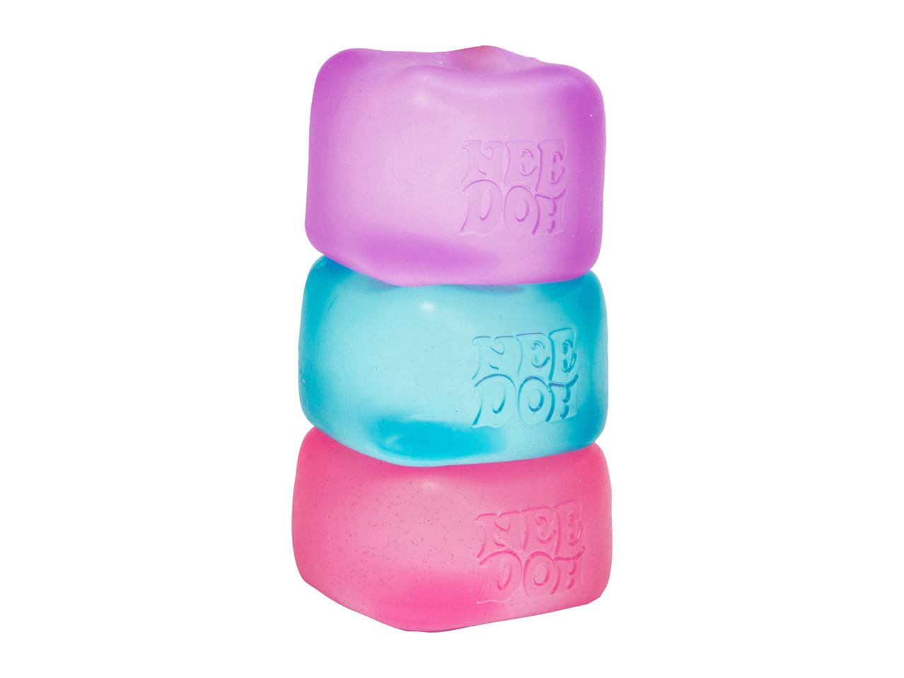 Stack of three colorful NeeDoh stress balls: purple, blue, and pink.