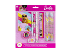Skolesæt med 14 dele, inklusive blyanter, kuglepenne, lineal, viskelæder og blyantspidser, med Barbie-tema.