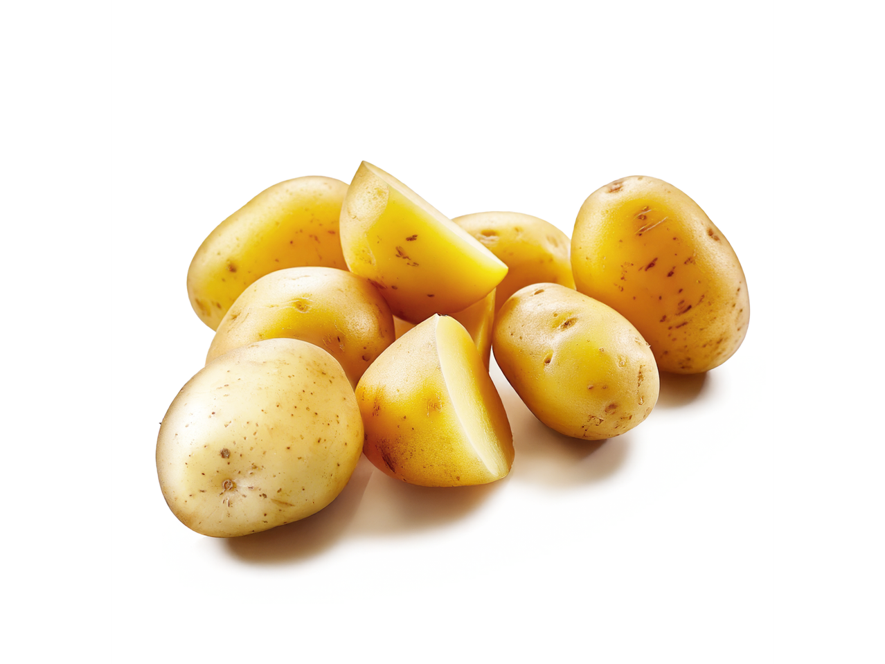 Deluxe Irish Premium Baby Potatoes, whole and cut, on a white background.