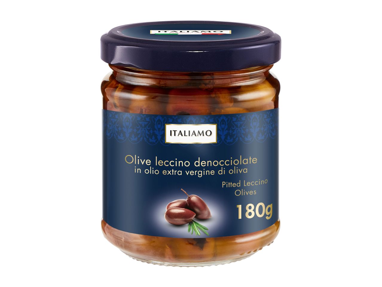 A jar of Italiamo Pitted Leccino Olives in extra virgin olive oil, 180g.