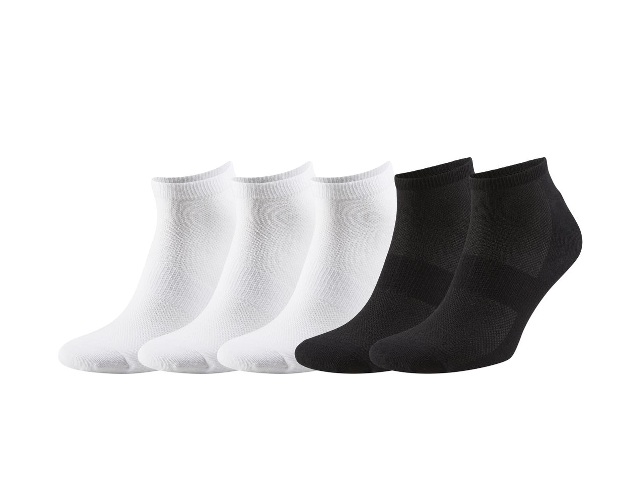Five sports socks: three white, two black.