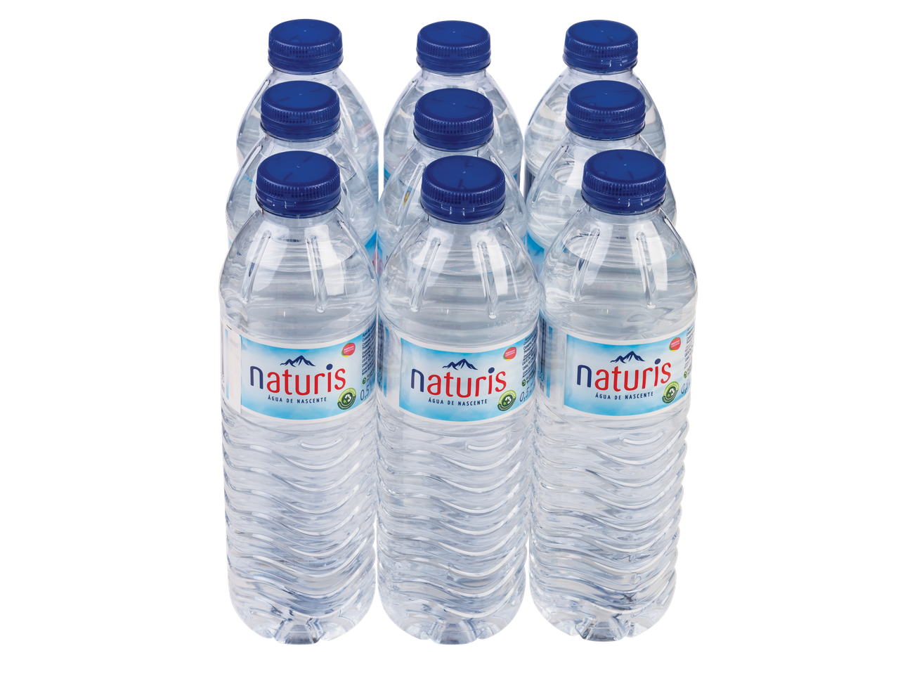 Seis garrafas de água Naturis em duas fileiras.