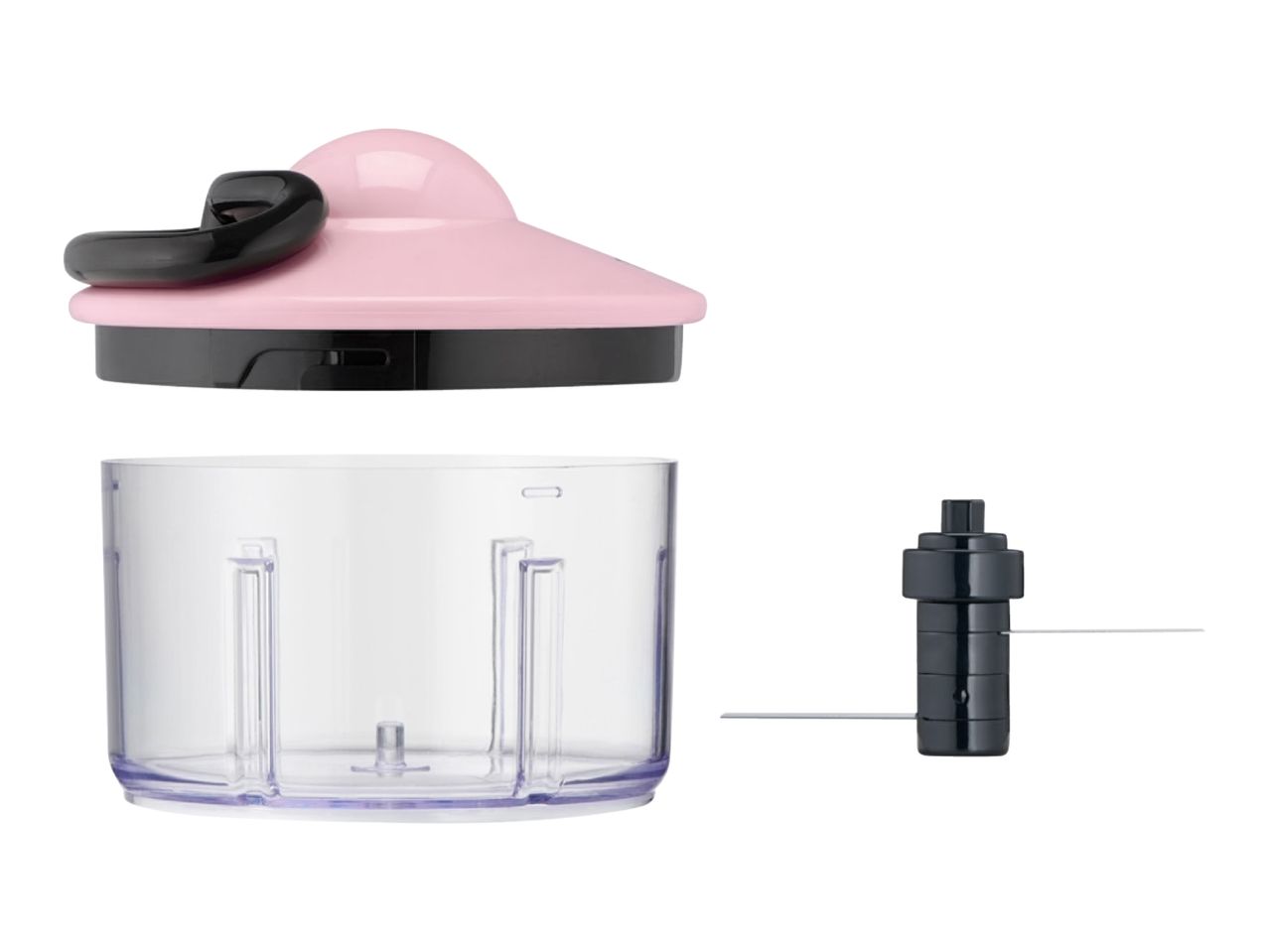 Disassembled manual food chopper with pink lid, clear bowl, and blade attachment