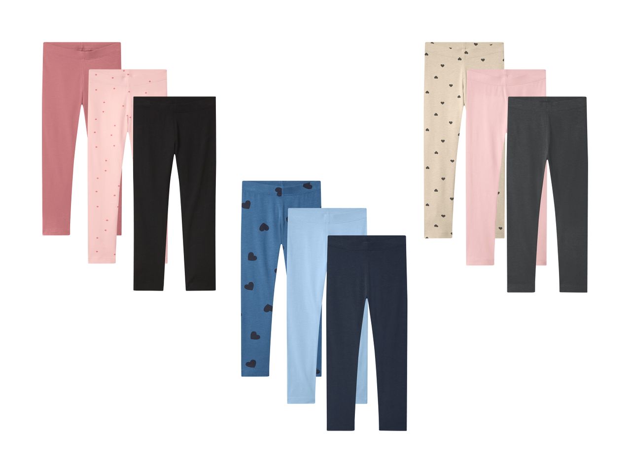 Sæt med ni par leggings til børn i forskellige farver og mønstre, herunder ensfarvede, prikkede og med hjerter.