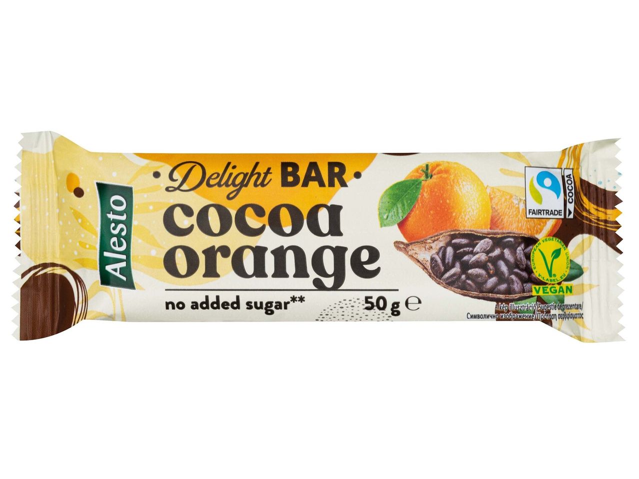 Alesto Delight kakaó-narancs vegán szelet, hozzáadott cukor nélkül.