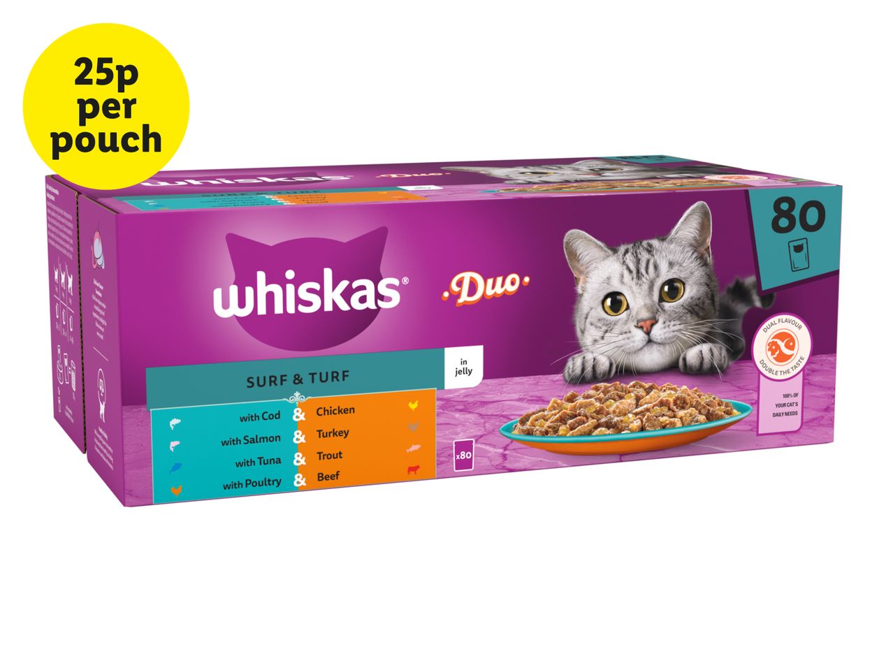 Whiskas Duo Surf & Turf cat food pouches in jelly, 80 pack, 25p per pouch.
