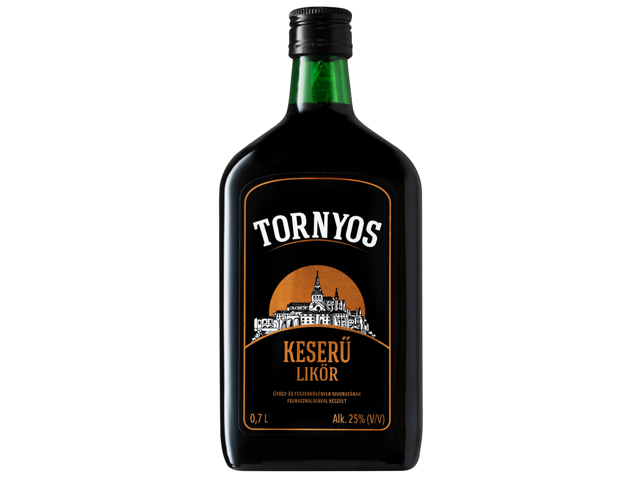 Tornyos Keserű Likőr, 0,7L palack, 25% alkoholtartalom, gyógynövény kivonatokkal készült.