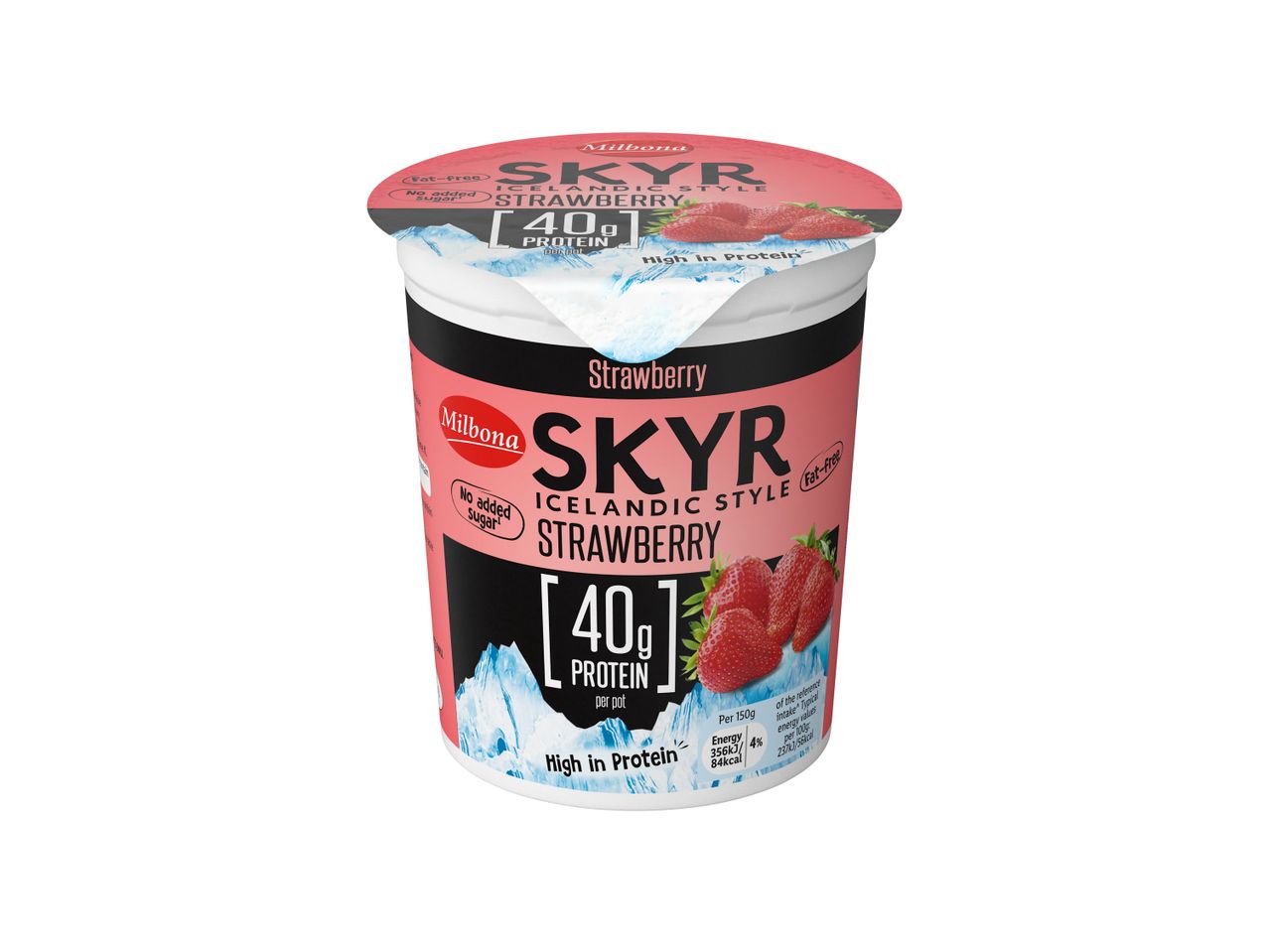 Strawberry Icelandic style skyr yogurt pot, fat-free with 40g protein.