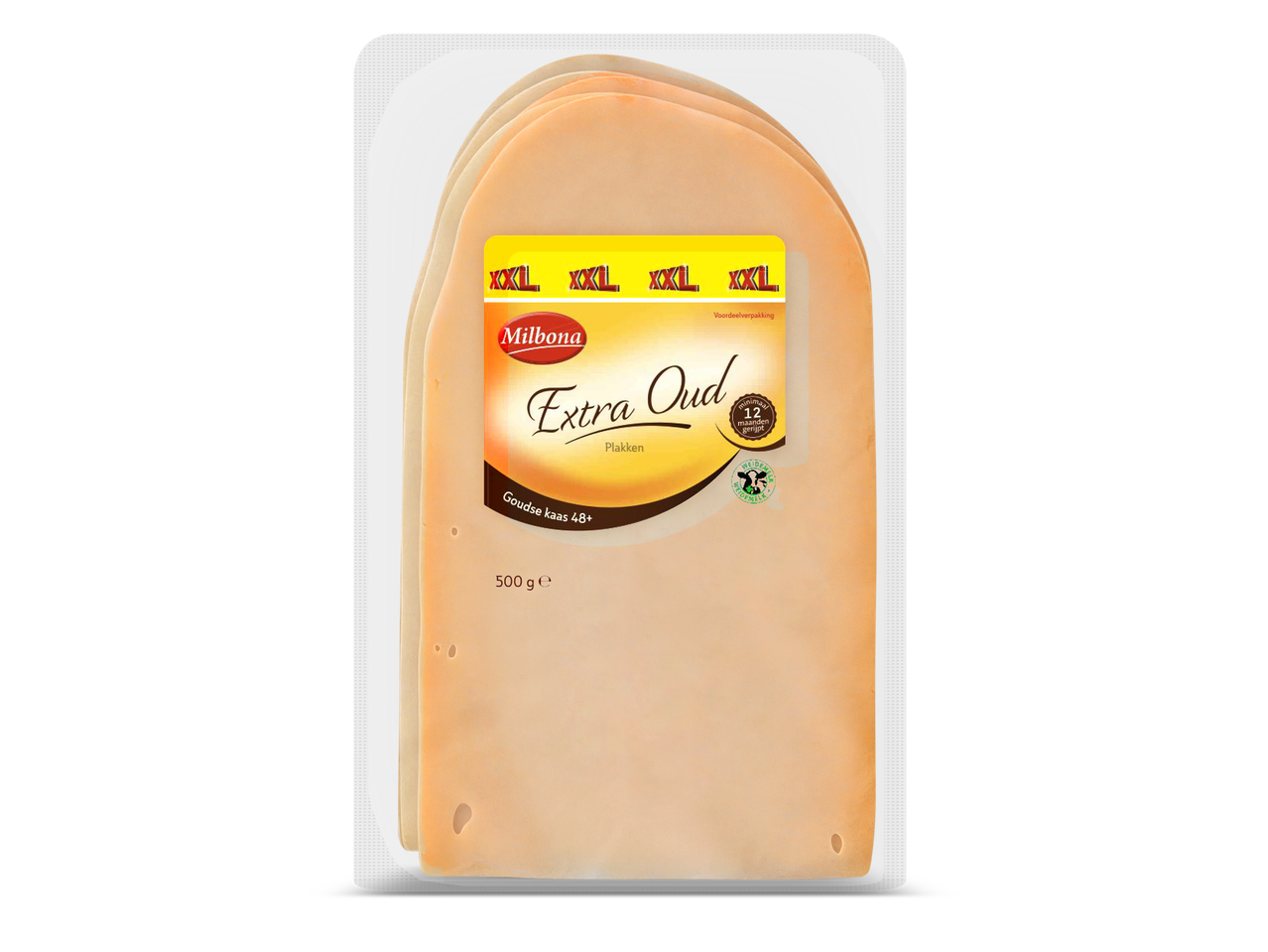 Verpakking met extra oude Goudse kaasplakken, 500 gram.