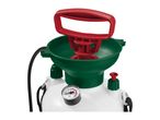 Close-up of a white and green garden pressure sprayer with a red handle and pressure gauge.