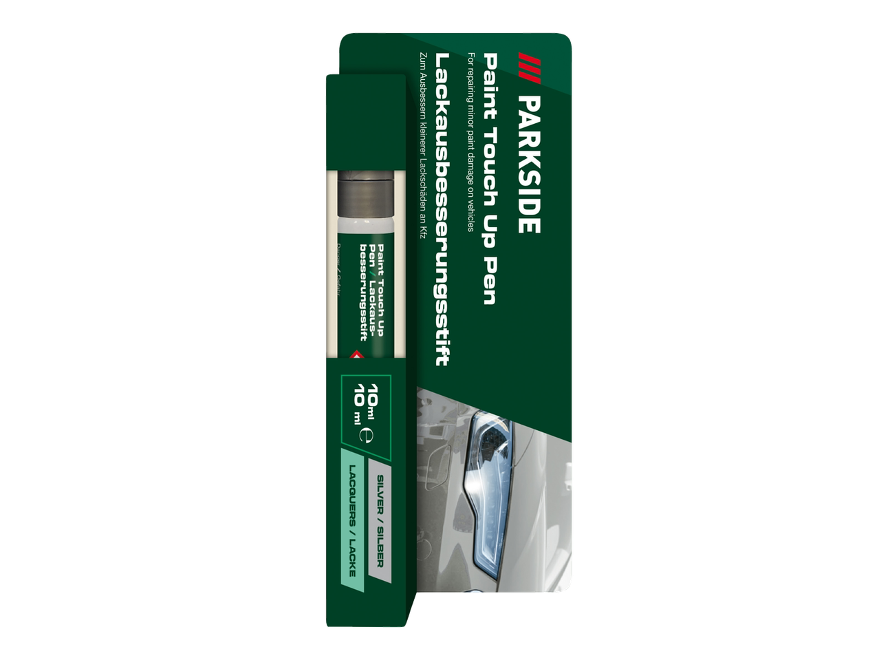 Paint touch-up pen for vehicles, 10ml, silver, with German and English text.