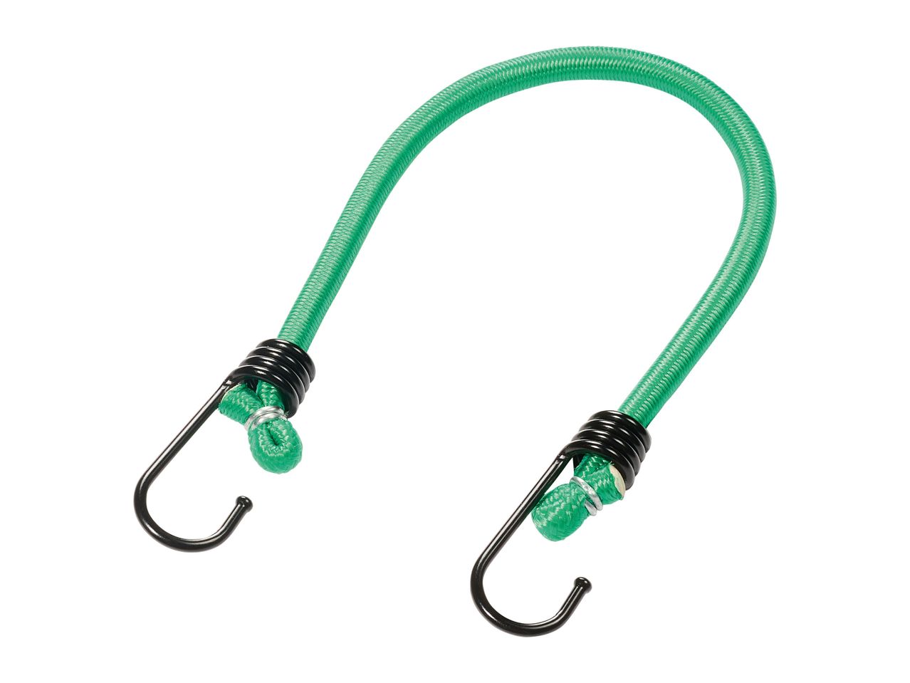 A green bungee cord with two metal hooks.