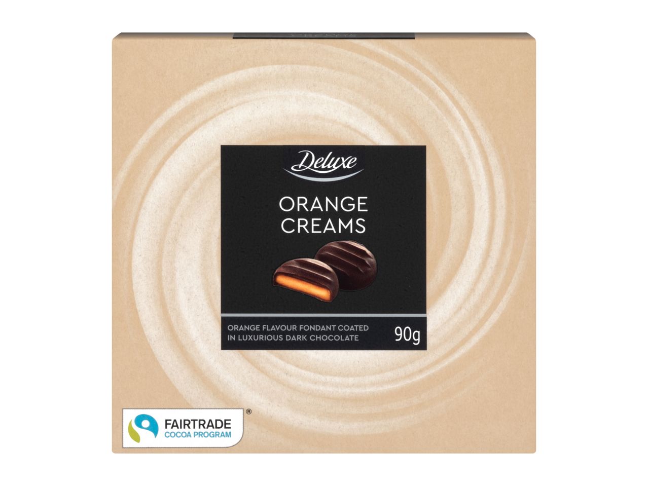 A box of Deluxe Orange Creams, orange fondant coated in dark chocolate, with a Fairtrade Cocoa Program logo.