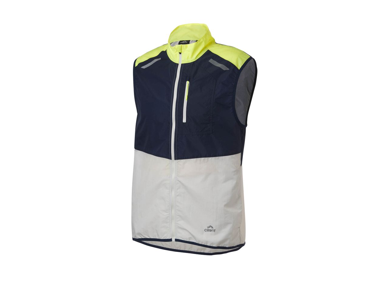 Gilet sportivo Crivit blu navy, giallo neon e bianco con cerniera.