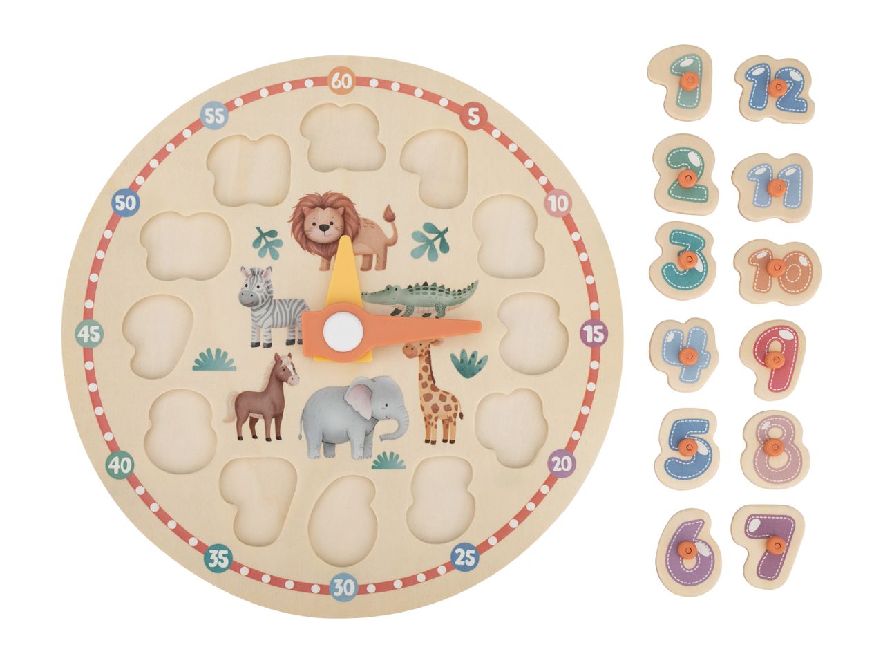 Wooden clock puzzle with safari animals and separate number pieces for learning to tell time.