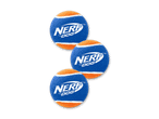 Drei NERF DOG Tennisbälle in Orange und Blau.