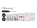 Assorted metal and plastic construction components, including screws, nuts, and connecting pieces, with a small wrench and screwdriver.
