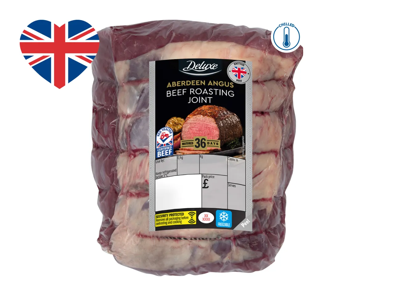 Chilled Aberdeen Angus beef roasting joint, matured for 36 days, with British beef certification.