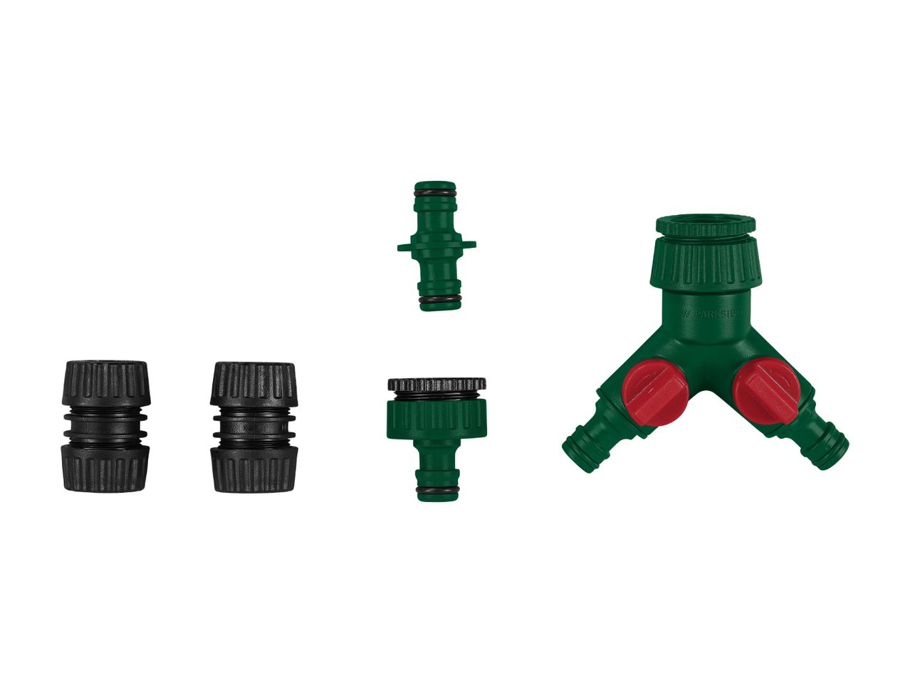 A set of green and black garden hose connectors, including a Y-splitter with red valves.