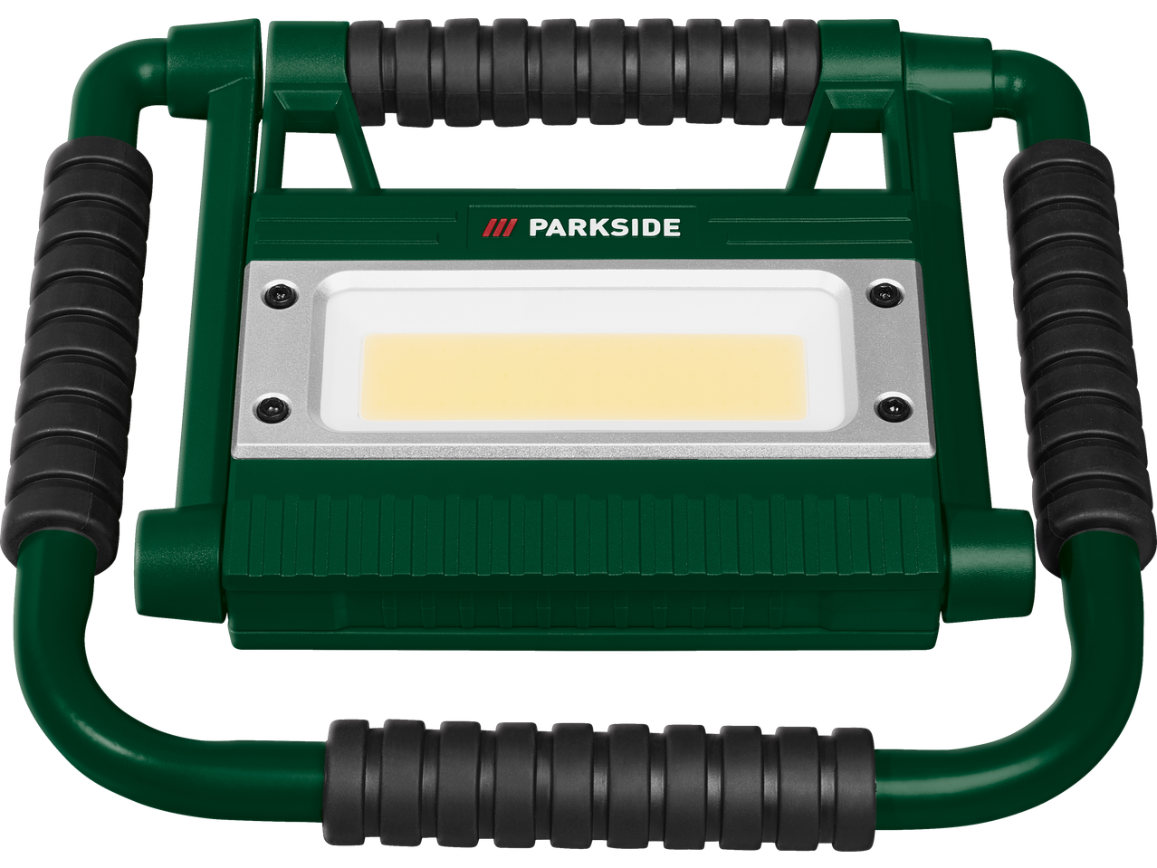 Luz de trabalho LED verde e preta com um painel de luz retangular brilhante