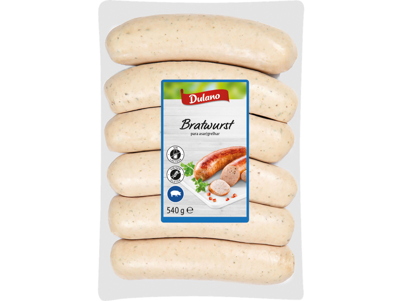 Salsichas Dulano Bratwurst, 540g, sem lactose e glúten, para grelhar.