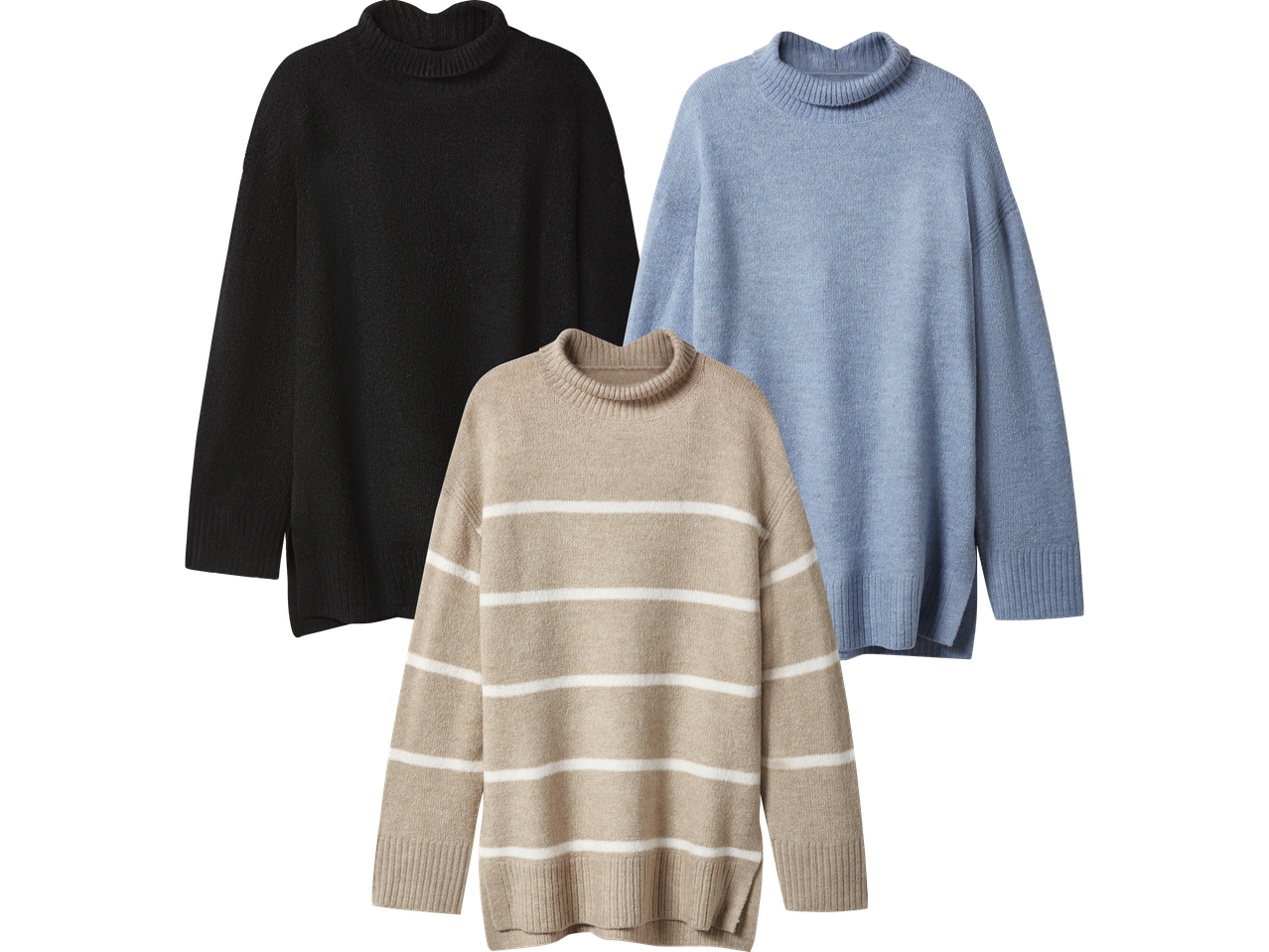 Tre tröjor med polokrage: en svart, en ljusblå och en beige med vita ränder.