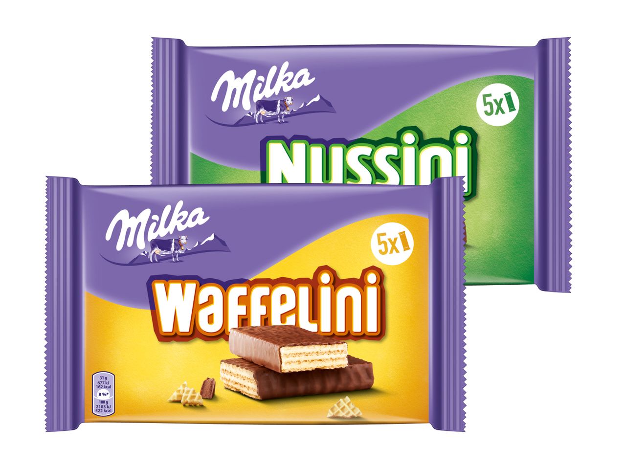 Zwei Milka Schokoladenriegel-Packungen: Nussini und Waffelini.