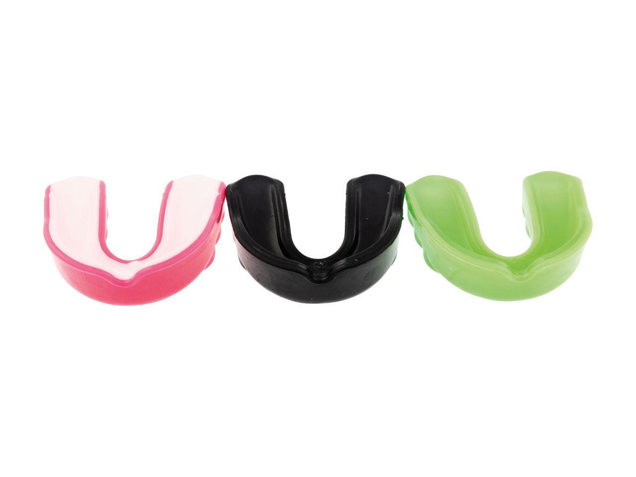 Three colorful mouthguards in pink, black, and green.
