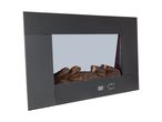 Electric fireplace with a black frame, glass panel, and artificial logs, featuring control buttons.