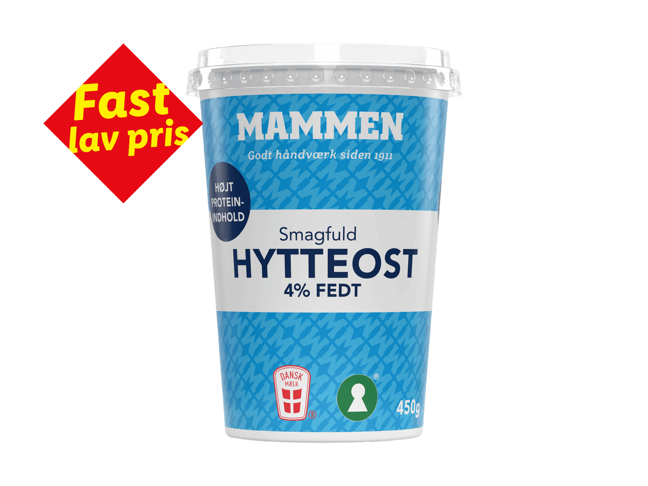 Hytteost med 4% fedt og højt proteinindhold, mærket med 'Fast lav pris'.