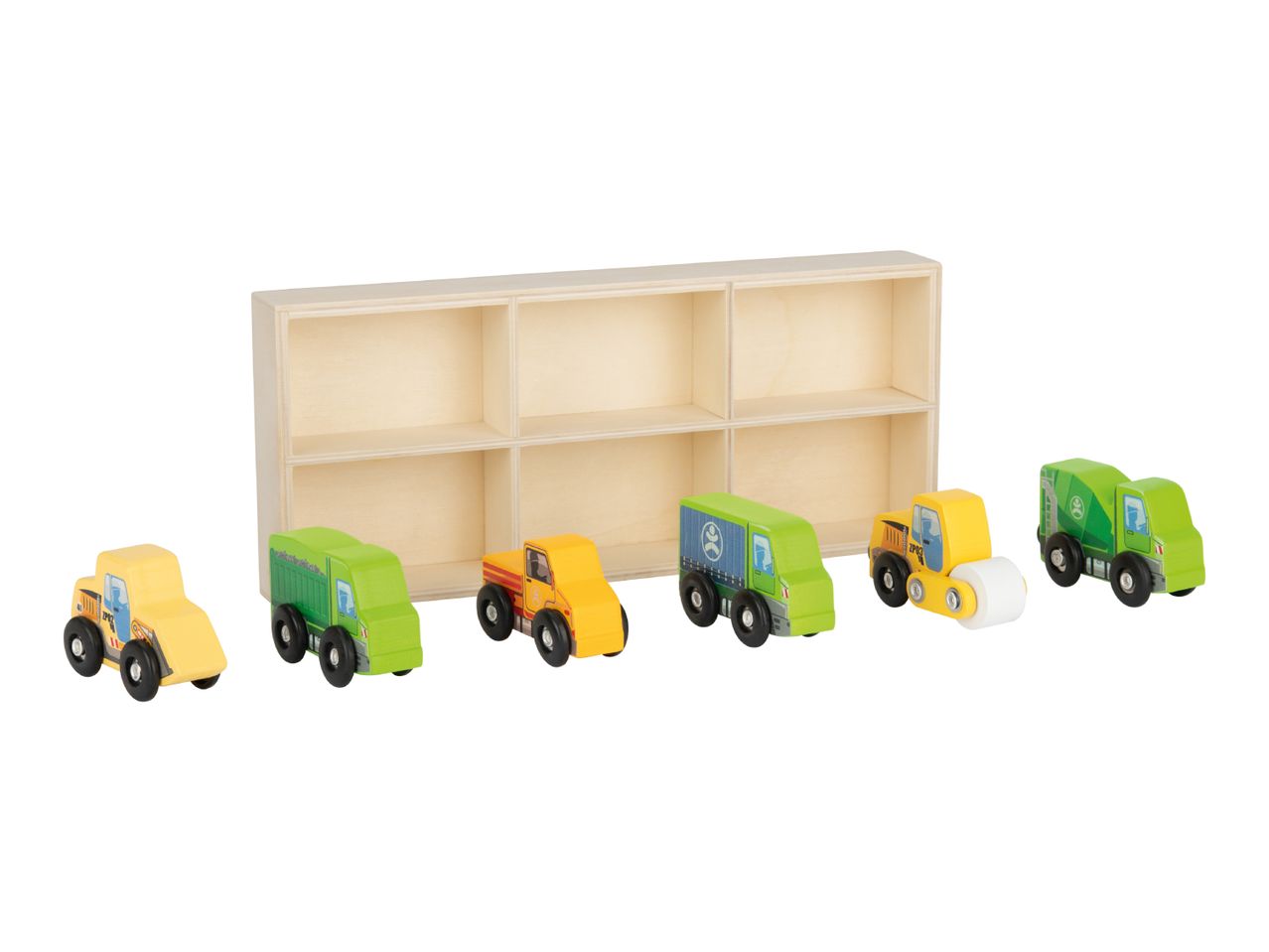 Wooden toy vehicles, including construction and recycling trucks, with a wooden storage shelf.