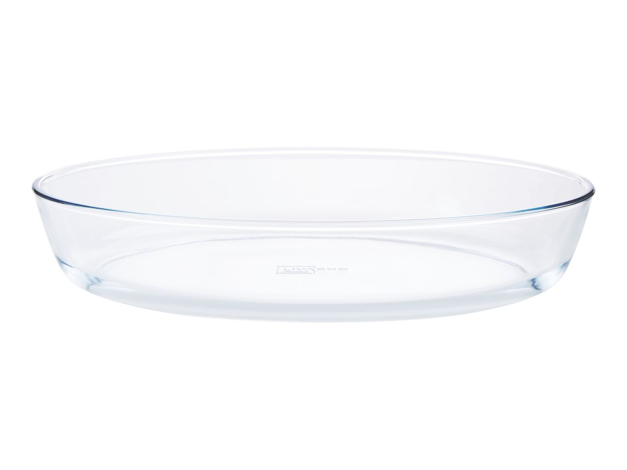 A clear glass oval baking dish.