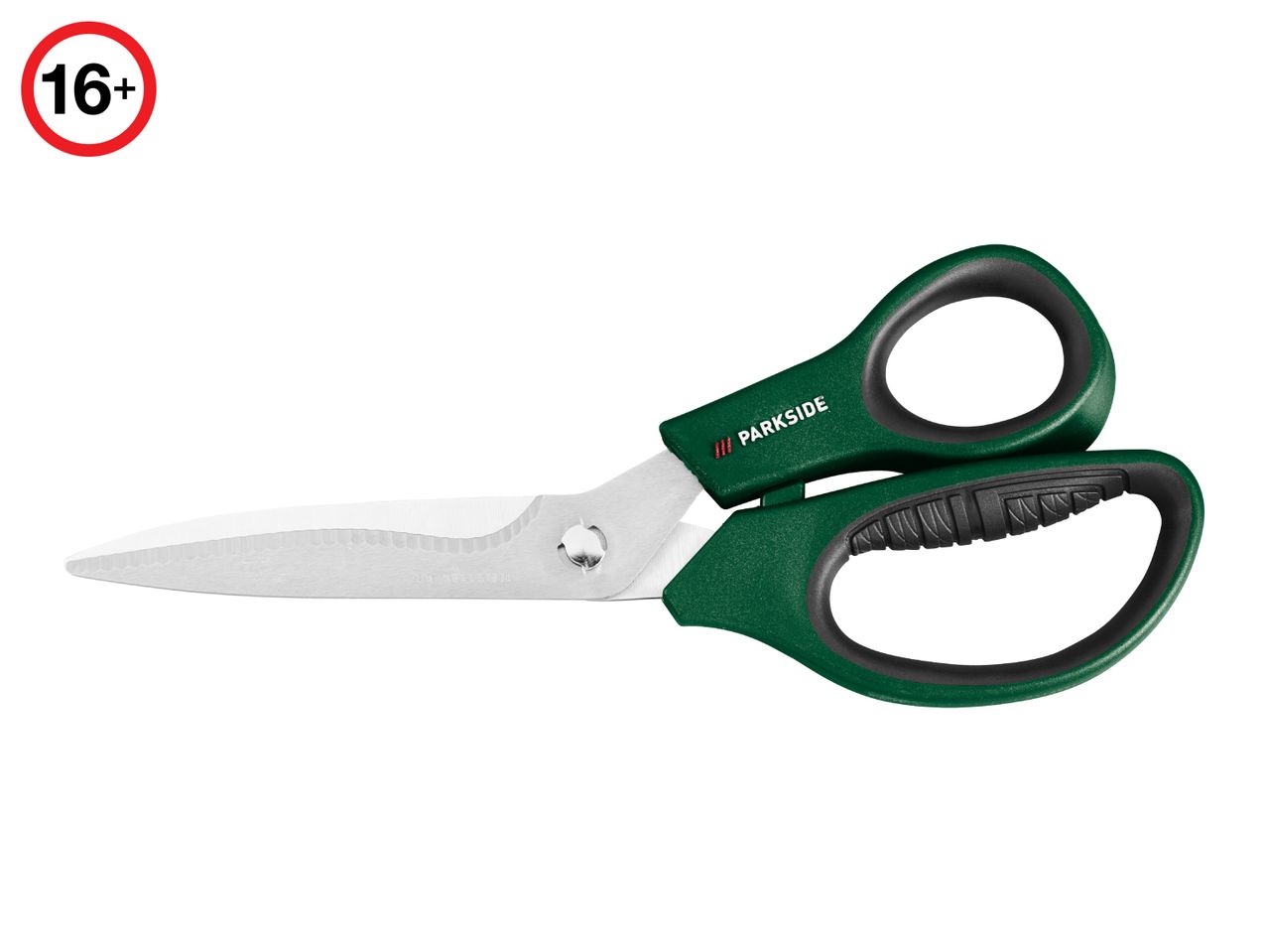 Green and black kitchen shears with serrated blades, marked 16+ in a red circle.