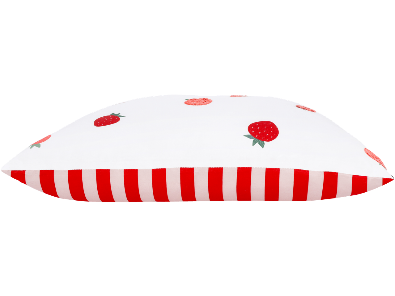 Livarno Water-Resistant Outdoor Cushion with strawberry pattern and red and white stripes.