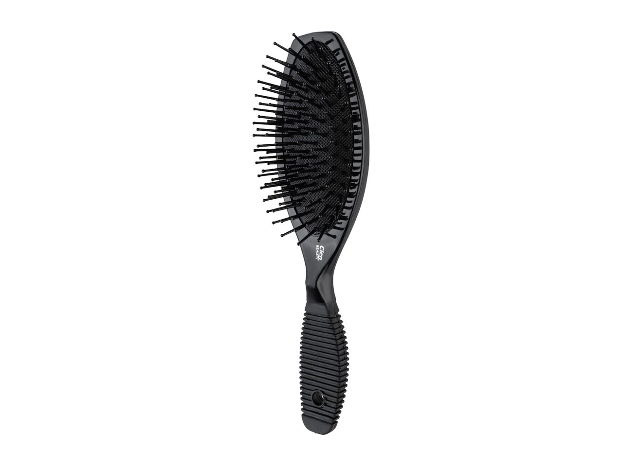 Black hairbrush with a textured handle and flexible bristles, angled to the left.