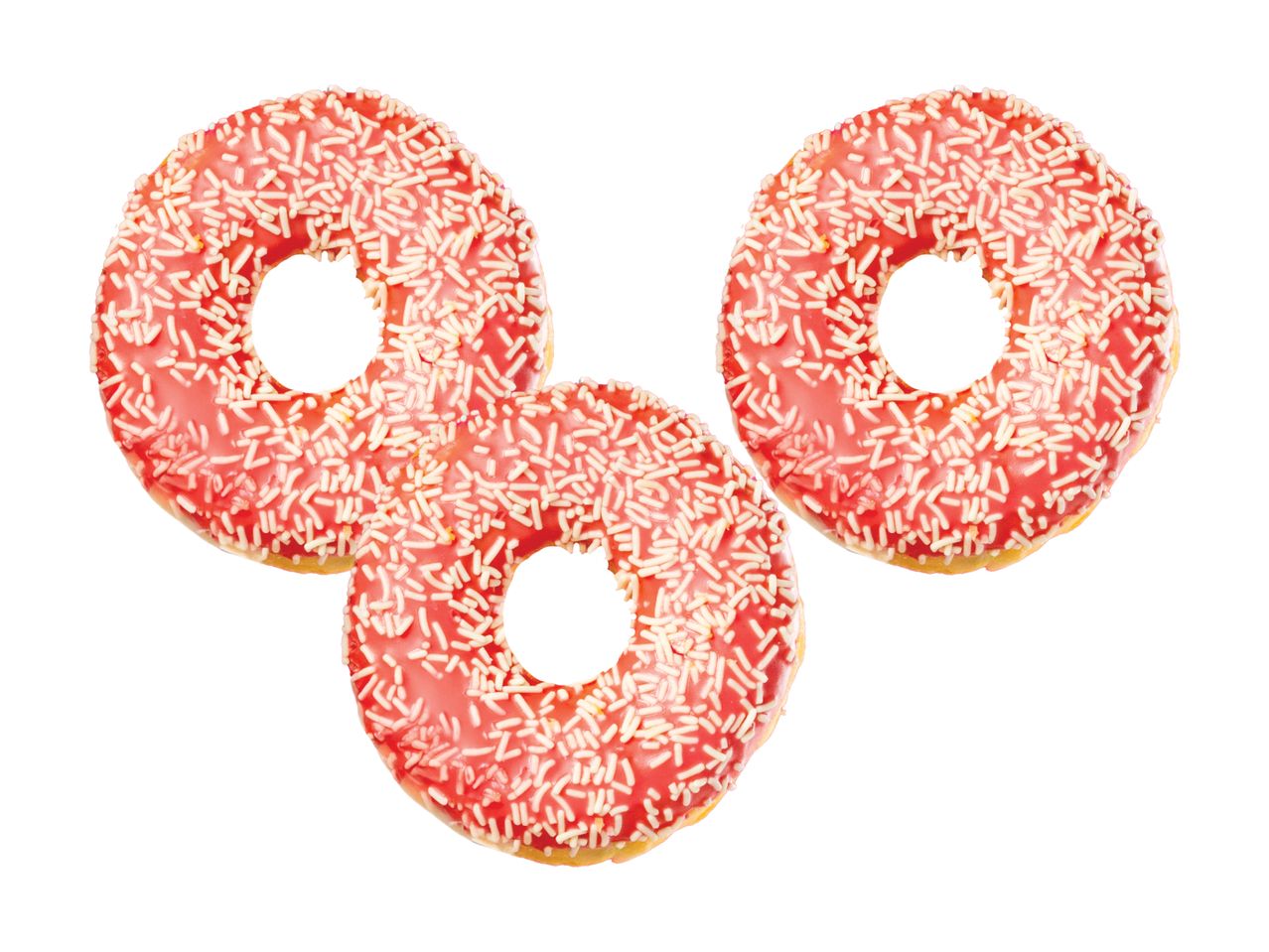 Three pink donuts with white sprinkles.