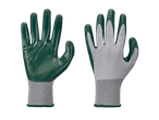 Pair of green and white work gloves, one showing the palm and the other the back.