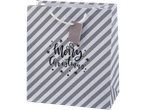 Crelando® dovanų maišelis su pilkai baltomis juostelėmis ir užrašu „Merry Christmas“.