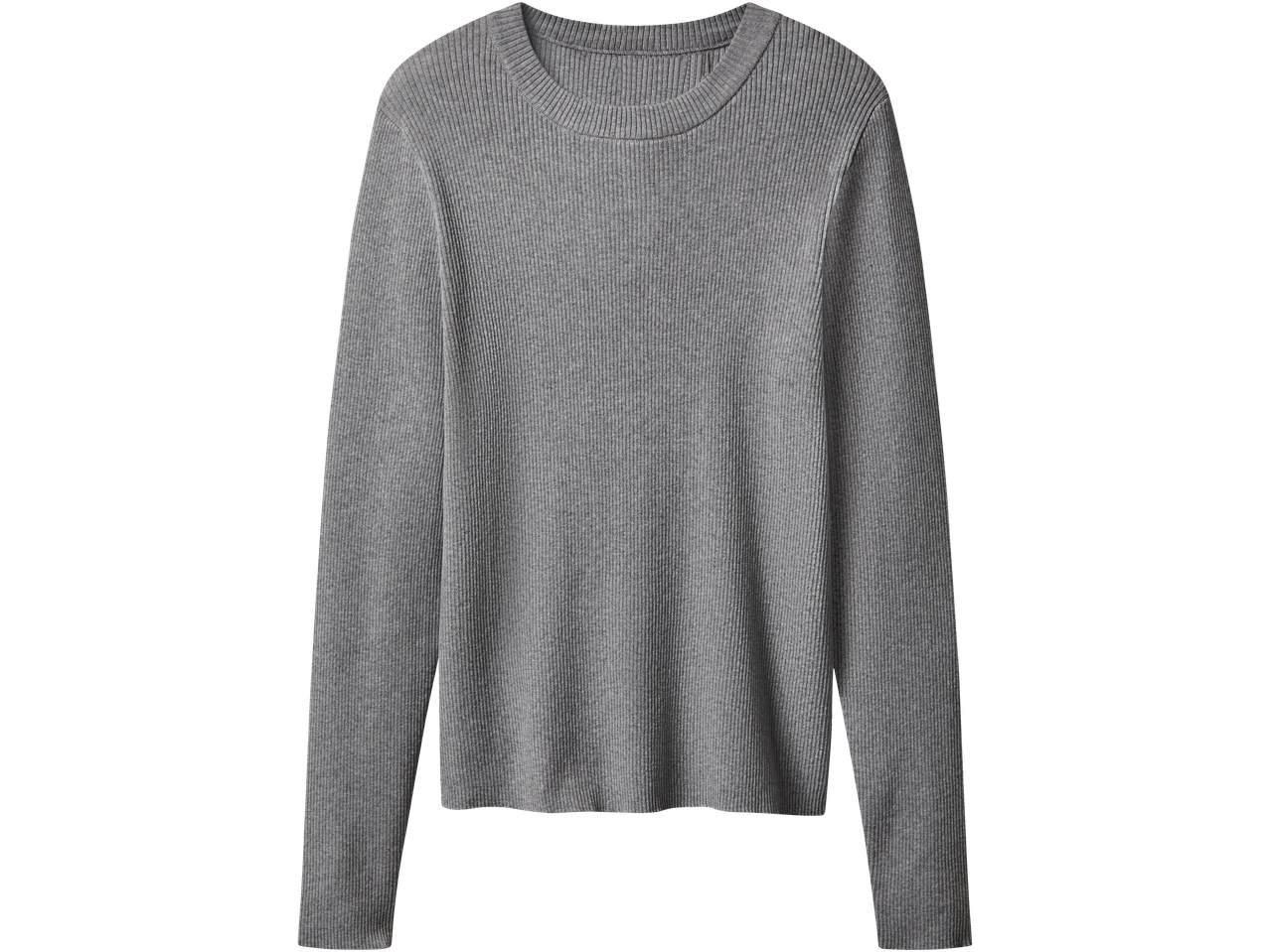 Sivi rebrasti ženski džemper dugih rukava.