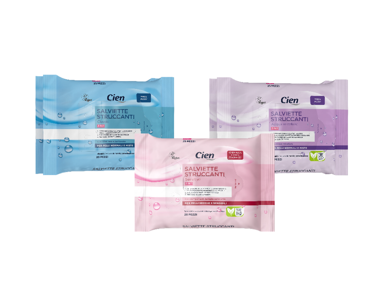 Tre confezioni di salviette struccanti Cien: blu per pelli normali e miste, viola per pelli normali e miste con acqua micellare, e rosa per pelli secche e sensibili.