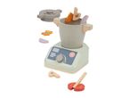 Wooden toy blender with play food pieces like carrots, onions, and a tomato.