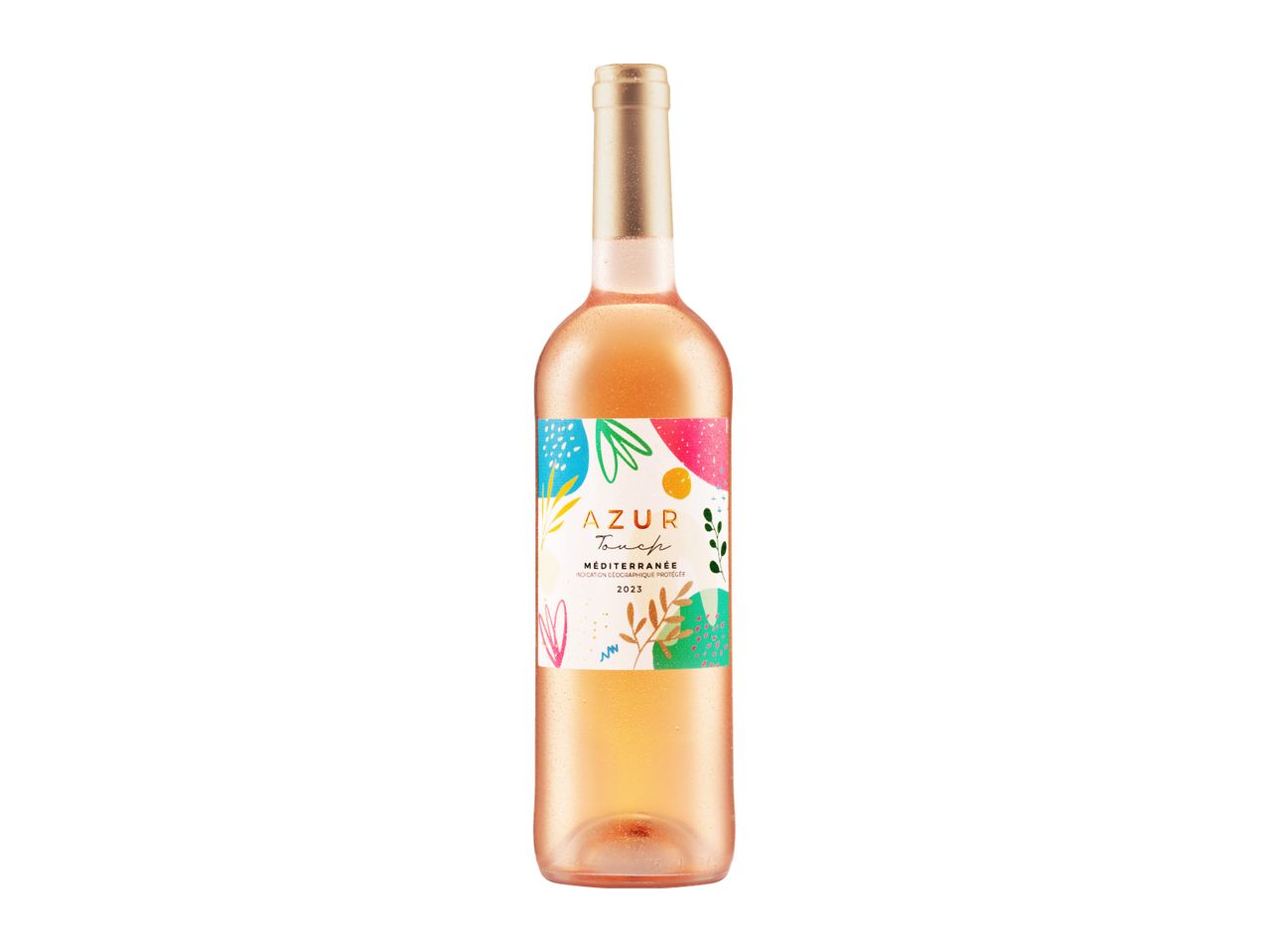A bottle of rosé wine with a colorful, abstract label featuring botanical elements.