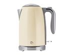 Cream-colored electric kettle with chrome accents and a grey handle