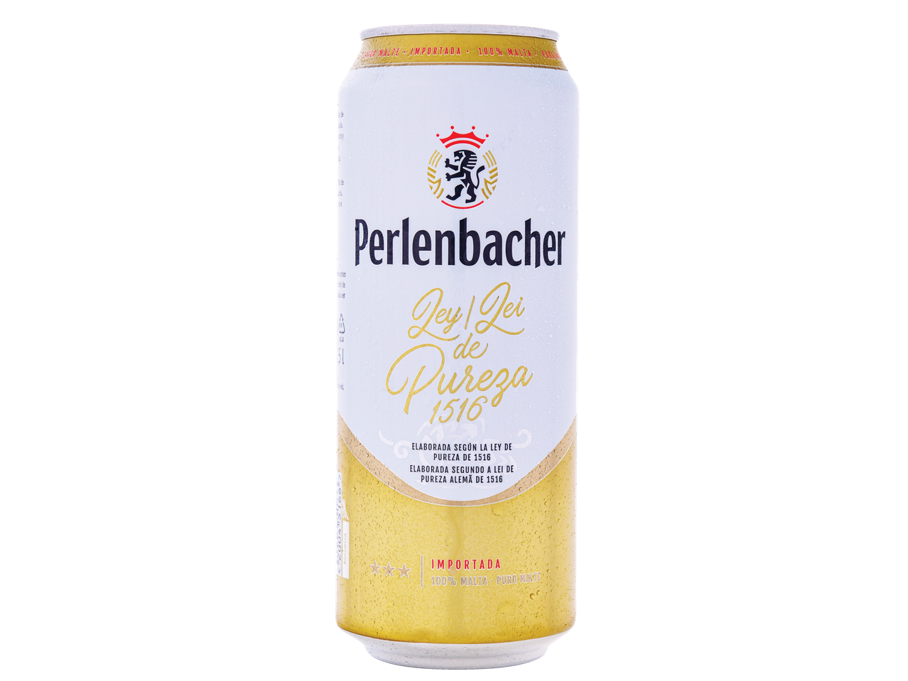 Lata de cerveja Perlenbacher Pils com o texto 'Ley de Pureza 1516'